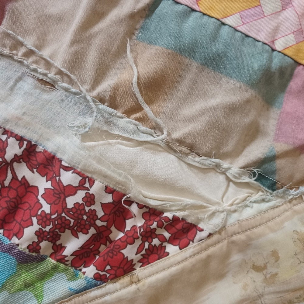 Vintage Handmade Crazy String Scrap Quilt Mid‎ Century Patchwork Barkcloth - Picture 5 of 14